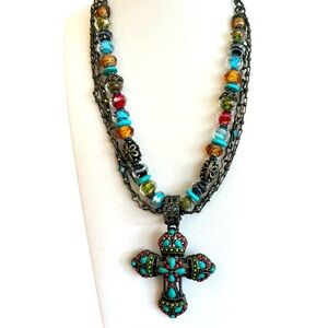 Vintage 90s Sweet Romance Beaded Cross Pendant Statememt Necklace
